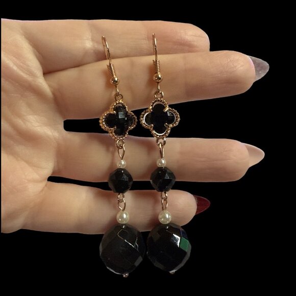 Earrings Black Obsidian Clover Dangle Jewelry Fashion Trending Gift Stainless - Picture 2 of 5